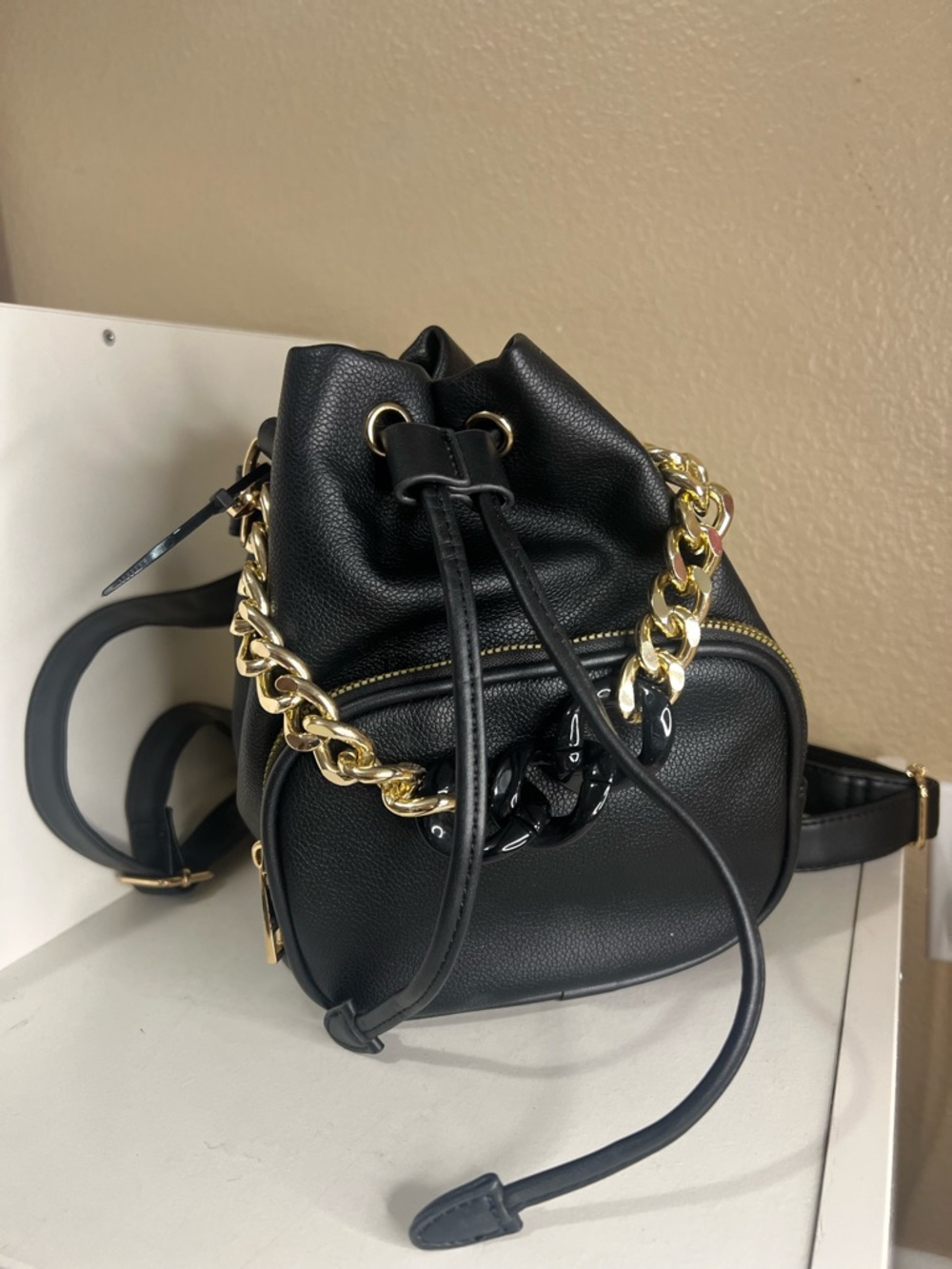 Grossi Black Faux Leather Mini Backpack Drawstring Bucket Bag Gold Chain